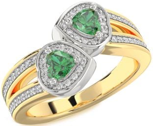 Diamond Emerald Platinum & Yellow Gold Two Heart Birthstone Ring