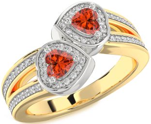 Diamond Fire Opal Gold Silver Two Heart Ring
