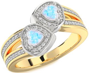 Diamond Moonstone Gold Silver Two Heart Ring