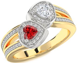 Diamond Emerald Platinum & Yellow Gold Two Heart Birthstone Ring