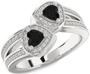 Black Diamond Silver Two Heart Ring