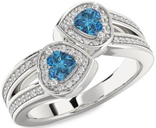 Blue Diamond Silver Two Heart Ring