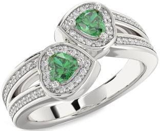 Diamond Emerald Silver Two Heart Birthstone Ring