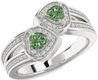 Green Diamond Silver Two Heart Ring
