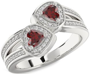 Diamond Emerald Silver Two Heart Birthstone Ring