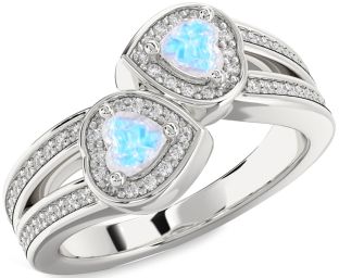 Diamond Emerald Silver Two Heart Birthstone Ring