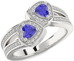Diamond Tanzanite Silver Two Heart Ring