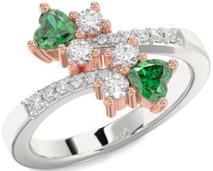 Diamond Emerald Platinum & Rose Gold Two Heart Birthstone Ring