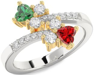 Diamond Emerald Platinum & Yellow Gold Two Heart Birthstone Ring