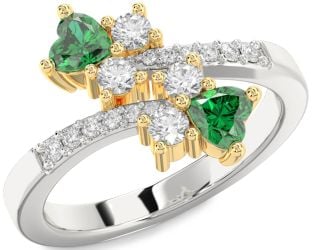 Diamond Emerald Platinum & Yellow Gold Two Heart Birthstone Ring