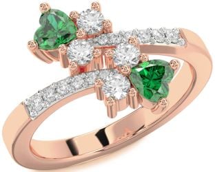 Diamond Emerald Rose Gold Two Heart Birthstone Ring