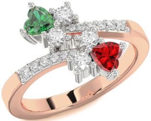 Diamond Emerald Platinum & Rose Gold Two Heart Birthstone Ring