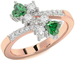 Diamond Emerald Platinum & Rose Gold Two Heart Birthstone Ring