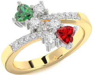 Diamond Emerald Platinum & Yellow Gold Two Heart Birthstone Ring