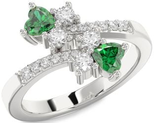 Diamond Emerald Silver Two Heart Birthstone Ring