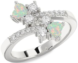 Diamond Emerald Silver Two Heart Birthstone Ring