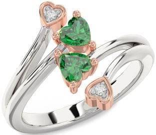 Diamond Emerald Platinum & Rose Gold Two Heart Birthstone Ring