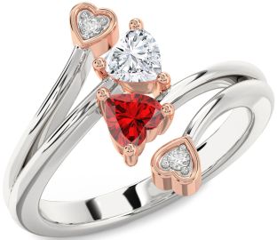 Diamond Emerald Platinum & Rose Gold Two Heart Birthstone Ring
