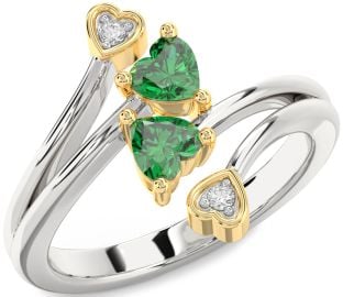 Diamond Emerald Platinum & Yellow Gold Two Heart Birthstone Ring