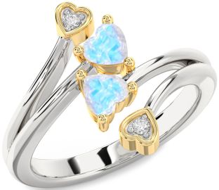 Diamond Moonstone Gold Silver Two Heart Ring