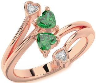 Diamond Emerald Rose Gold Two Heart Birthstone Ring