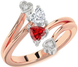 Diamond Emerald Platinum & Rose Gold Two Heart Birthstone Ring