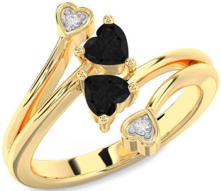 Black Diamond Gold Silver Two Heart Ring