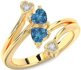 Blue Diamond Gold Silver Two Heart Ring
