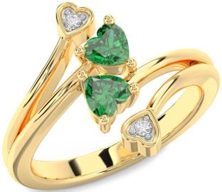 Diamond Emerald Gold Two Heart Birthstone Ring