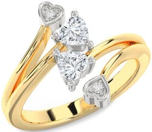 Diamond White Yellow Gold Two Heart Ring
