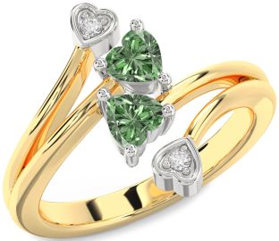 Green Diamond Gold Silver Two Heart Ring