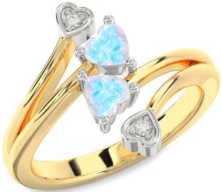 Diamond Moonstone Gold Silver Two Heart Ring