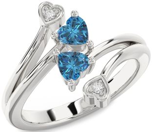 Blue Diamond Silver Two Heart Ring