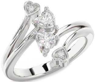 Diamond Emerald Silver Two Heart Birthstone Ring