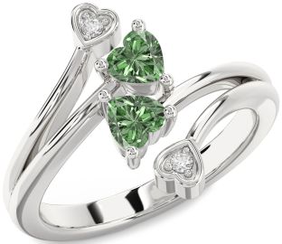 Green Diamond Silver Two Heart Ring