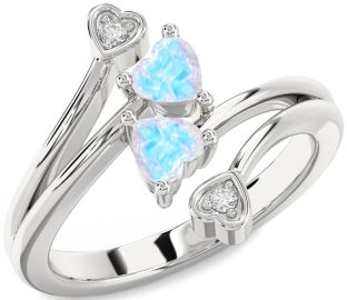 Diamond Emerald Silver Two Heart Birthstone Ring