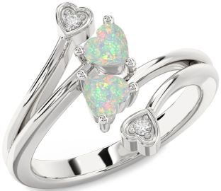 Diamond Emerald Silver Two Heart Birthstone Ring