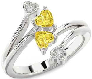 Yellow Diamond Silver Two Heart Ring