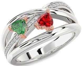 Diamond Emerald Platinum & Rose Gold Two Heart Birthstone Ring