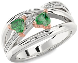 Diamond Emerald Platinum & Rose Gold Two Heart Birthstone Ring