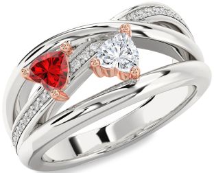 Diamond Emerald Platinum & Rose Gold Two Heart Birthstone Ring