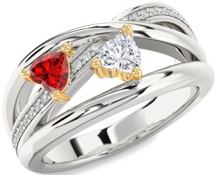 Diamond Emerald Platinum & Yellow Gold Two Heart Birthstone Ring