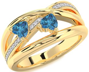Blue Diamond Gold Silver Two Heart Ring