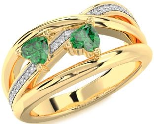 Diamond Emerald Gold Two Heart Birthstone Ring