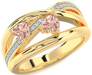 Diamond Morganite Gold Silver Two Heart Ring