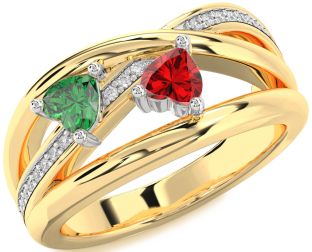 Diamond Emerald Platinum & Yellow Gold Two Heart Birthstone Ring