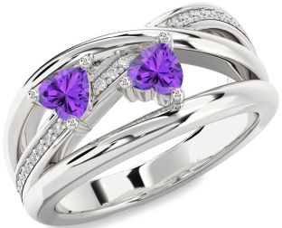 Diamond Emerald Silver Two Heart Birthstone Ring