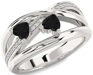 Black Diamond Silver Two Heart Ring