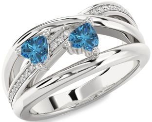 Blue Diamond Silver Two Heart Ring