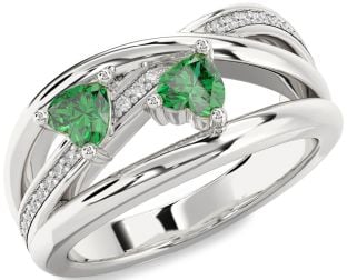 Diamond Emerald Silver Two Heart Birthstone Ring